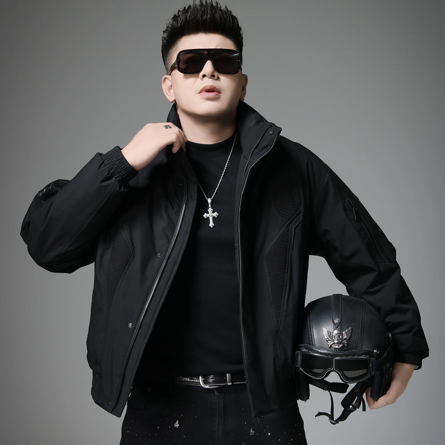 

High-End Stand Collar down Jaet PU Leather Patchwork Loose Casual Warm Motorcycle Coat Bright Tead Winter New Arrival