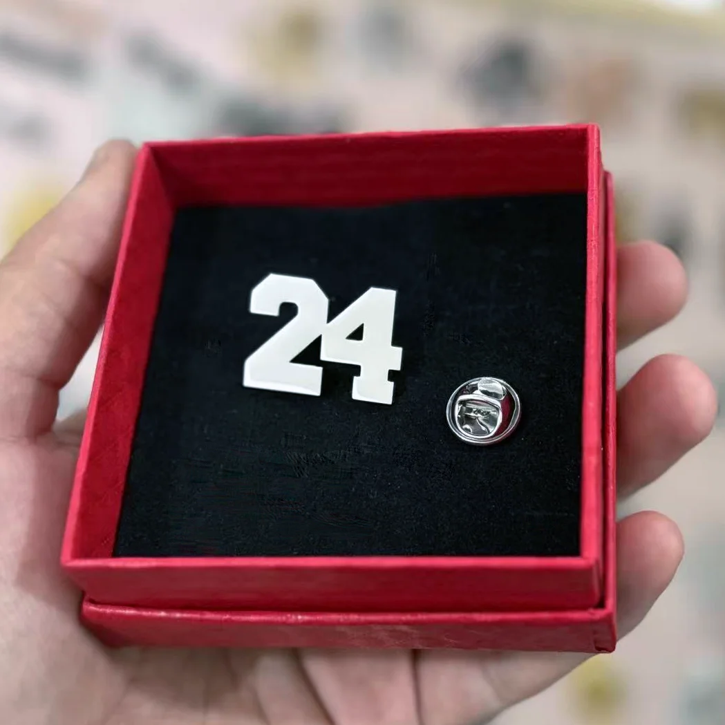 Custom Number 24 Lapel Pin Personalized Jersey Number Badge Stainless Steel White/Gold Tone for Sports Fan Athlete Memorial Gift