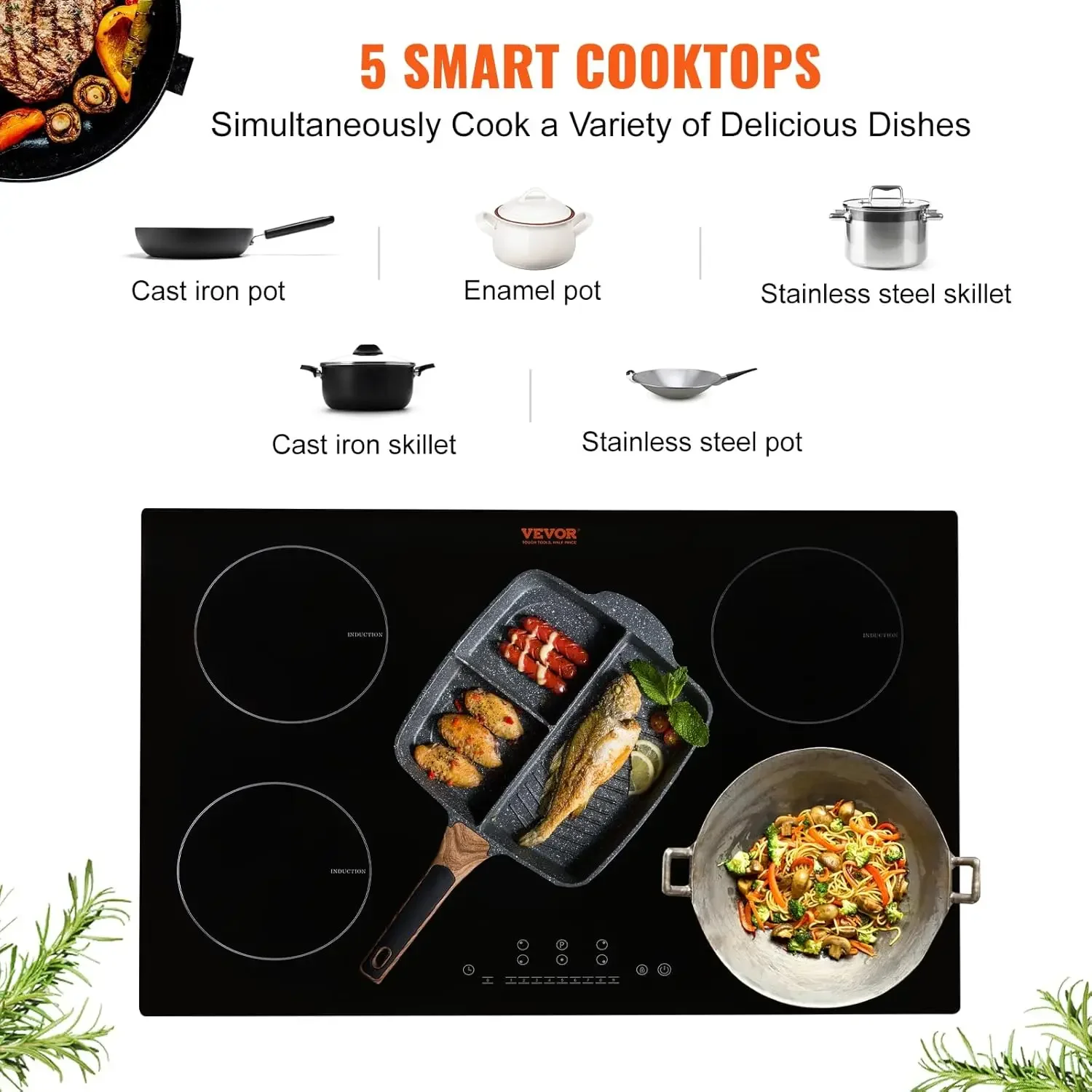 Electric Cooktop, 5 Burners, 30'' Induction Stove Top, Built-in Magnetic Cooktop 9200W, 9 Heating Level Multifunctional Burner