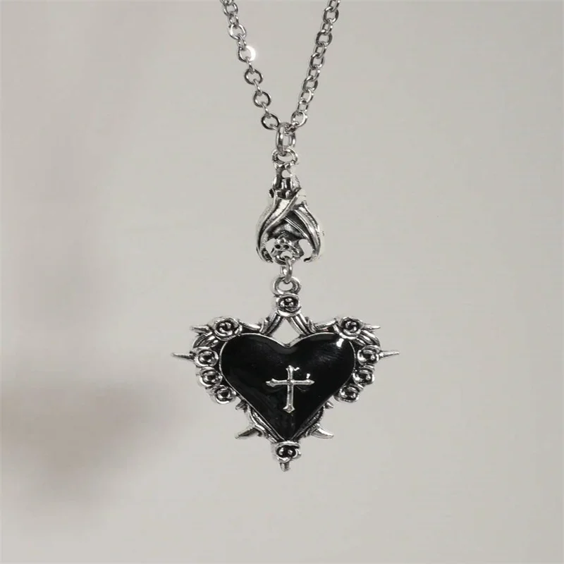 

Death Cross Heart Necklace, Gothic jewelry, rose, Thorn, Bat, Vintage accessories, Y2k Choker, Witch, Pagan, For Women Man，Trend