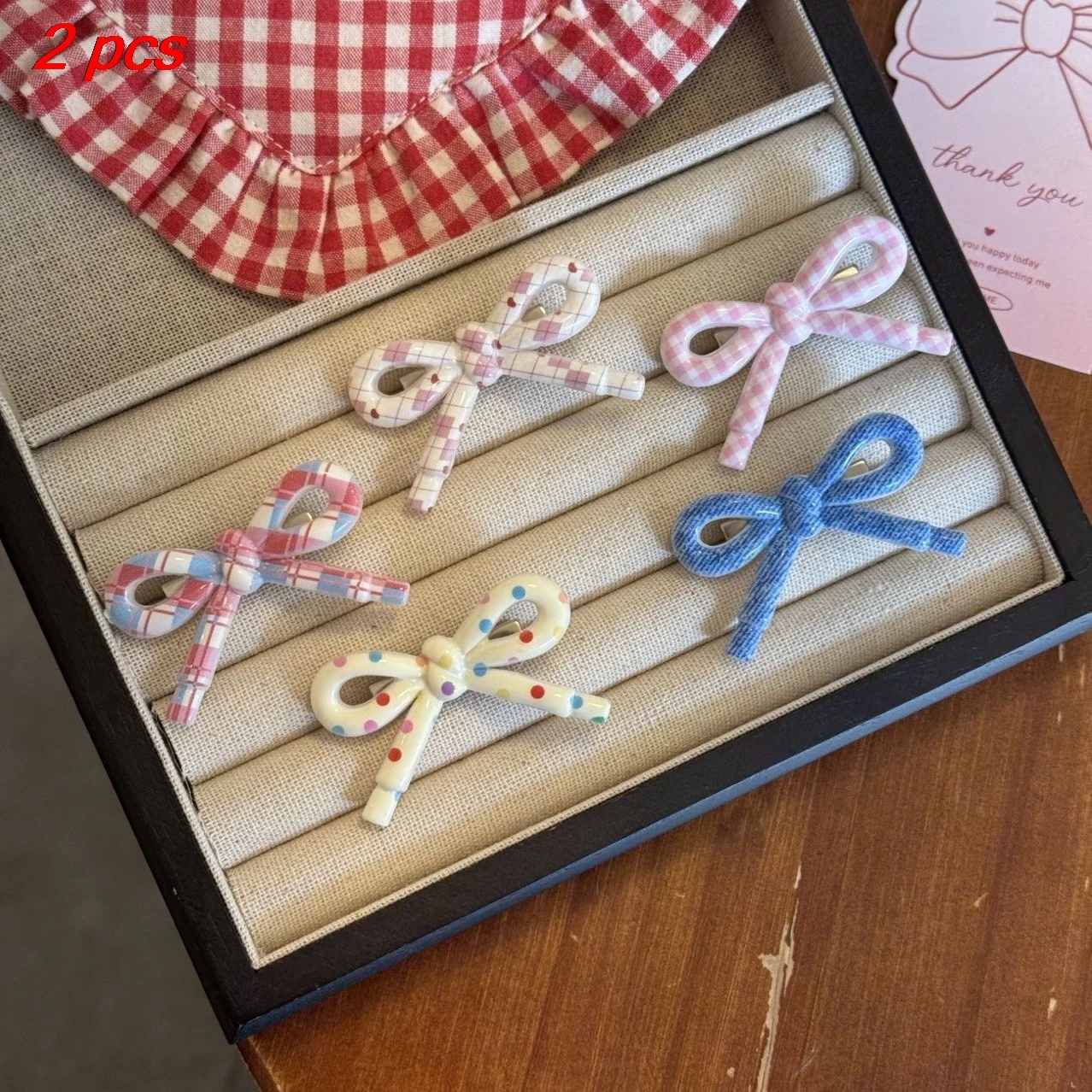 

2 Pcs Ladies' Hair Clips Pack Korean Polka Dot Love Plaid Sweet Bow Hair Pins Cute Kawaii Fashionable Hair Accessories For Girl
