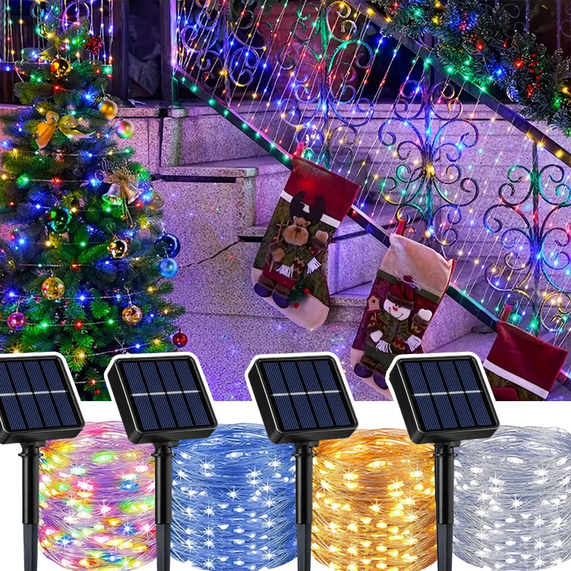 IP54 Waterproof Solar Copper Wire Lights 7M50LED-32M300LED 8 Modes for Outdoor Garden Fence Patio Tree Holiday Party Yard Decor