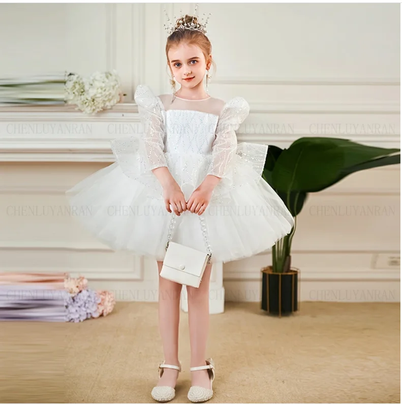 Vestido de flores hinchadas de marfil para niña, imagen Real de tul, vestido de fiesta de boda de princesa hasta la rodilla, vestidos de primera comunión