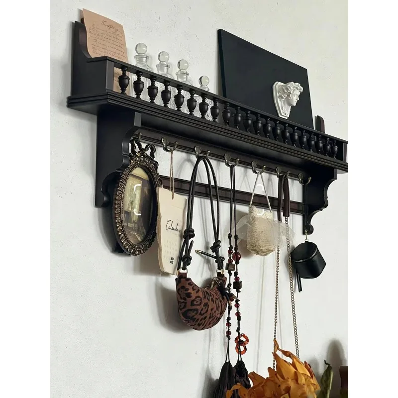 French retro solid wood hanger, wall hanging bag hanger on the wall of the entrance, clothes and hats storage rack 5