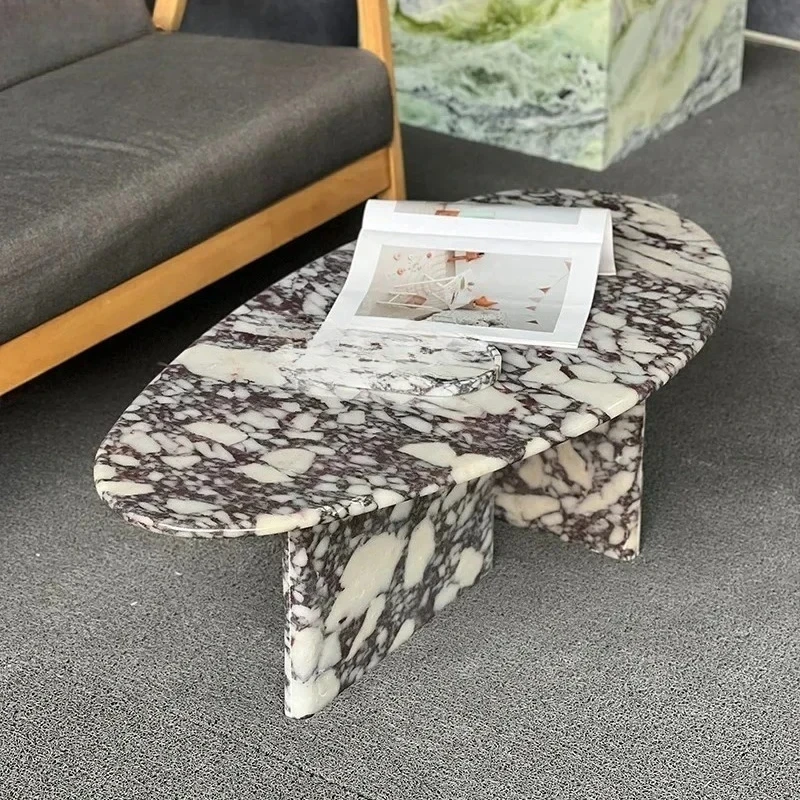 Italian light luxury card purple marble coffee table modern oval tea table living room designer coffee table