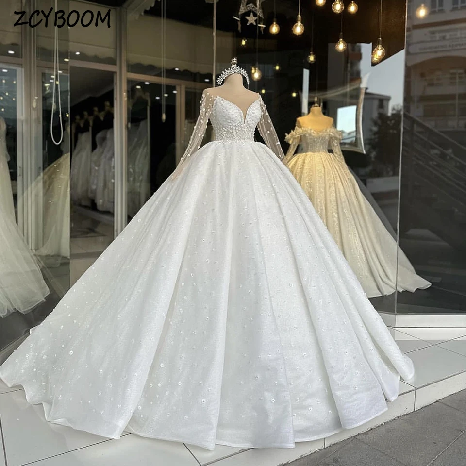 Luxury O-Neck Shiny Flowers Long Sleeves Wedding Dress 2023 Ball Gown Floor Length Sweep Train Lace Up Princess Bridal Gown