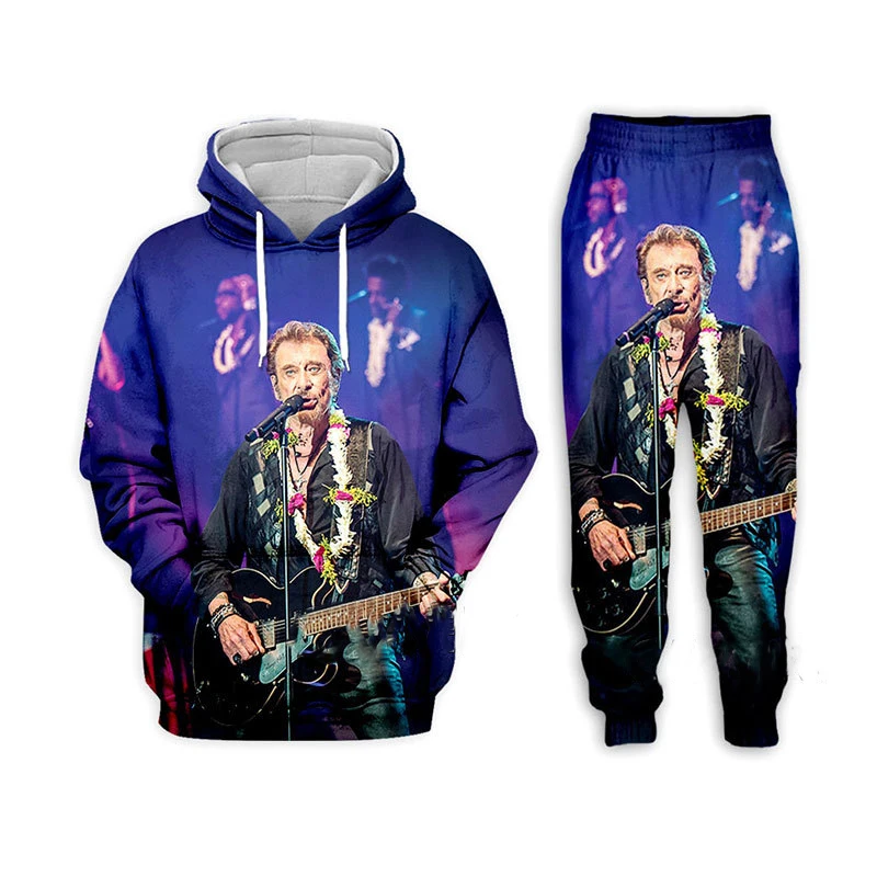 

Johnny Hallyday толстовки с 3D принтом, комплекты брюк, мужские толстовки, спортивные штаны, костюмы из двух предметов, модный спортивный костюм на открытом воздухе, мужская одежда
