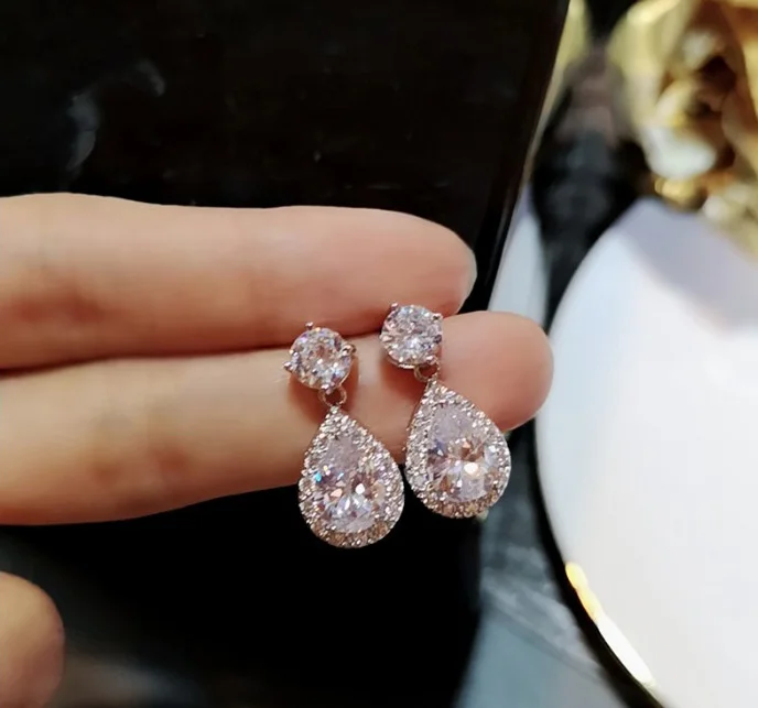Yellow AAA Cubic Zirconia Classic Big Drop Crystal 925 Silver Needle Earring Luxury Bridal Wedding Earrings for Women Stamp