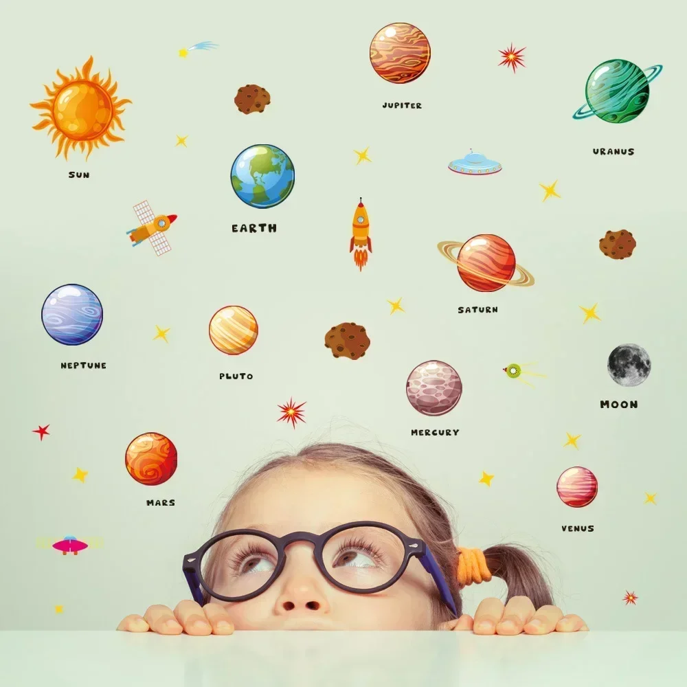 Cartoon Solar System Planets Wall Sticker Child Room Home Decoration Mural Wallpaper Bedroom Nursery Stickers Kids Gifts