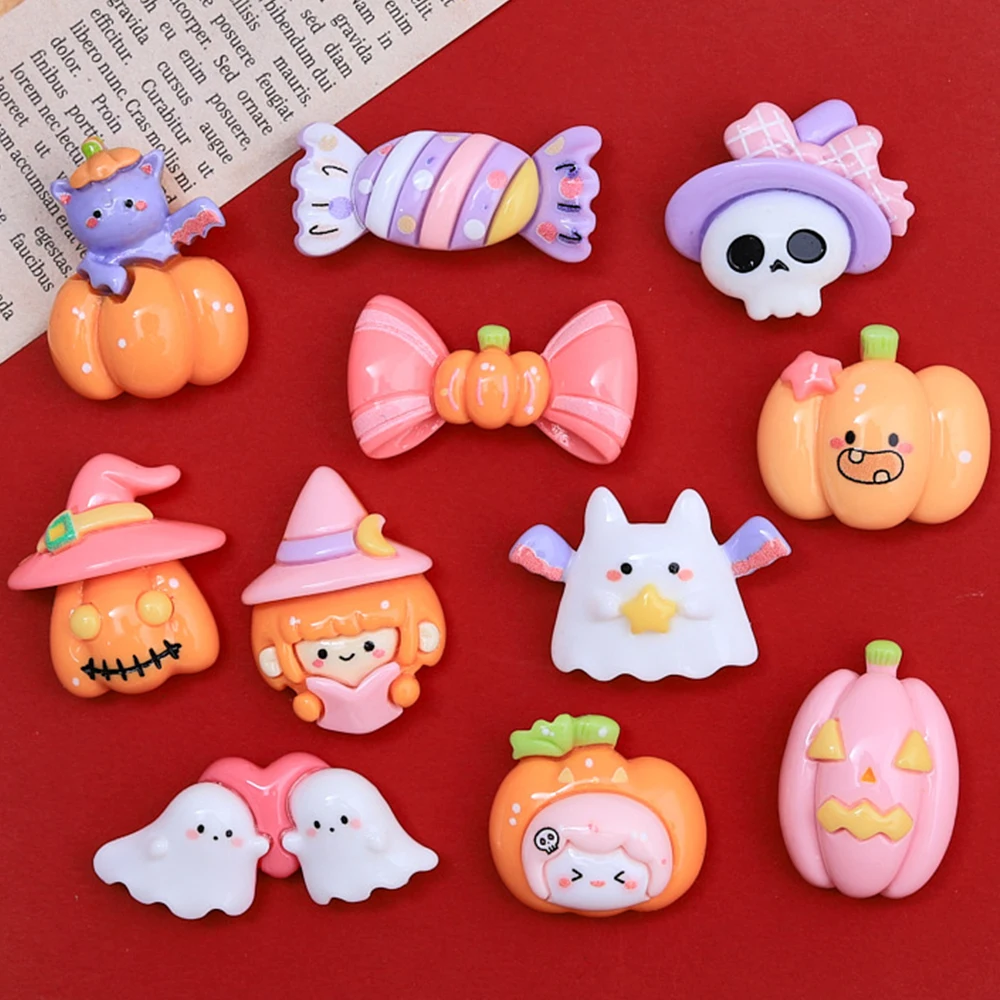 10 Stück glänzende 2024 Cartoon Halloween Harz Flatback Cabochons für Haarnadel Scrap booking DIY Schmuck Handwerk Dekoration Zubehör