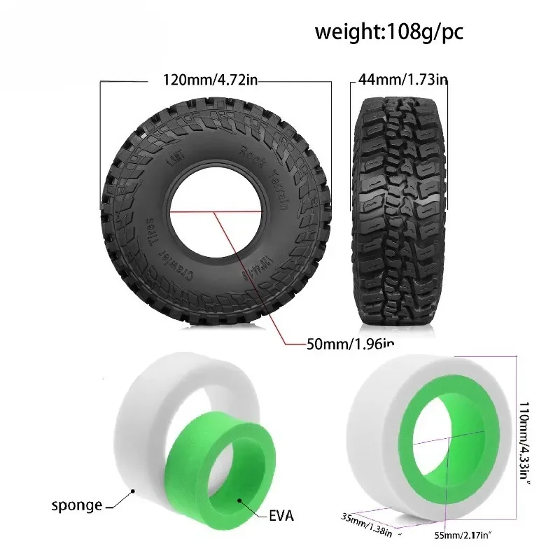 4 SZT. Opony do Crawlerów 1.9'' + Dwustopniowe Wkładki z Pianki EVA - do 1/10 RC Crawlerów TRX4/TRX6, Axial SCX10 GEN7/8 (90046) - Zestaw Tuningowy