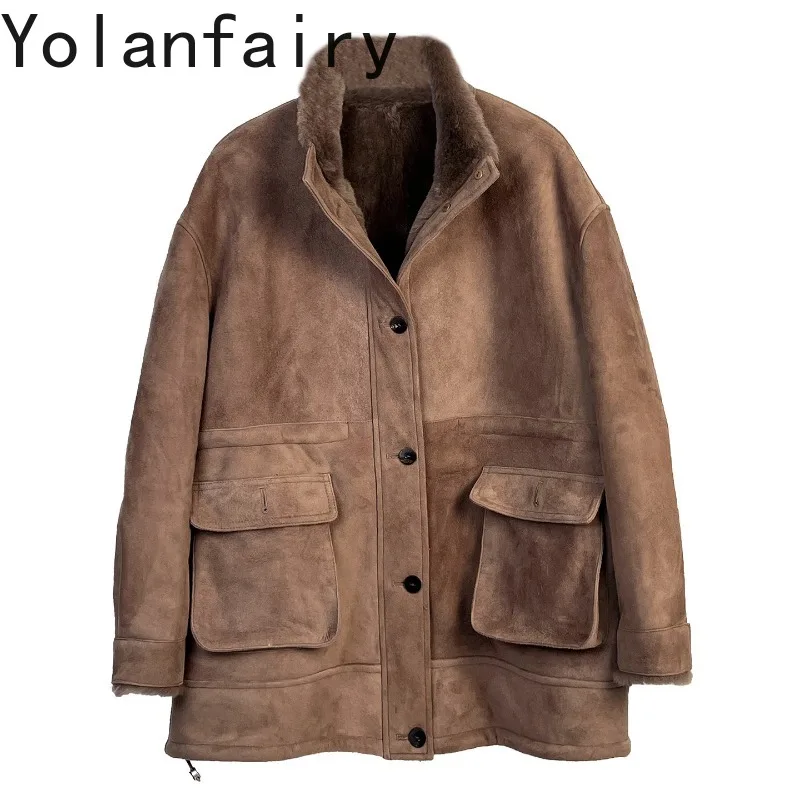 

YOLANFAIRY New Elegant Natural Fur Coat Woman Clothing Autumn Winter Mid-length Suede Leather Jacket Women Lazy Warm Fur Coats