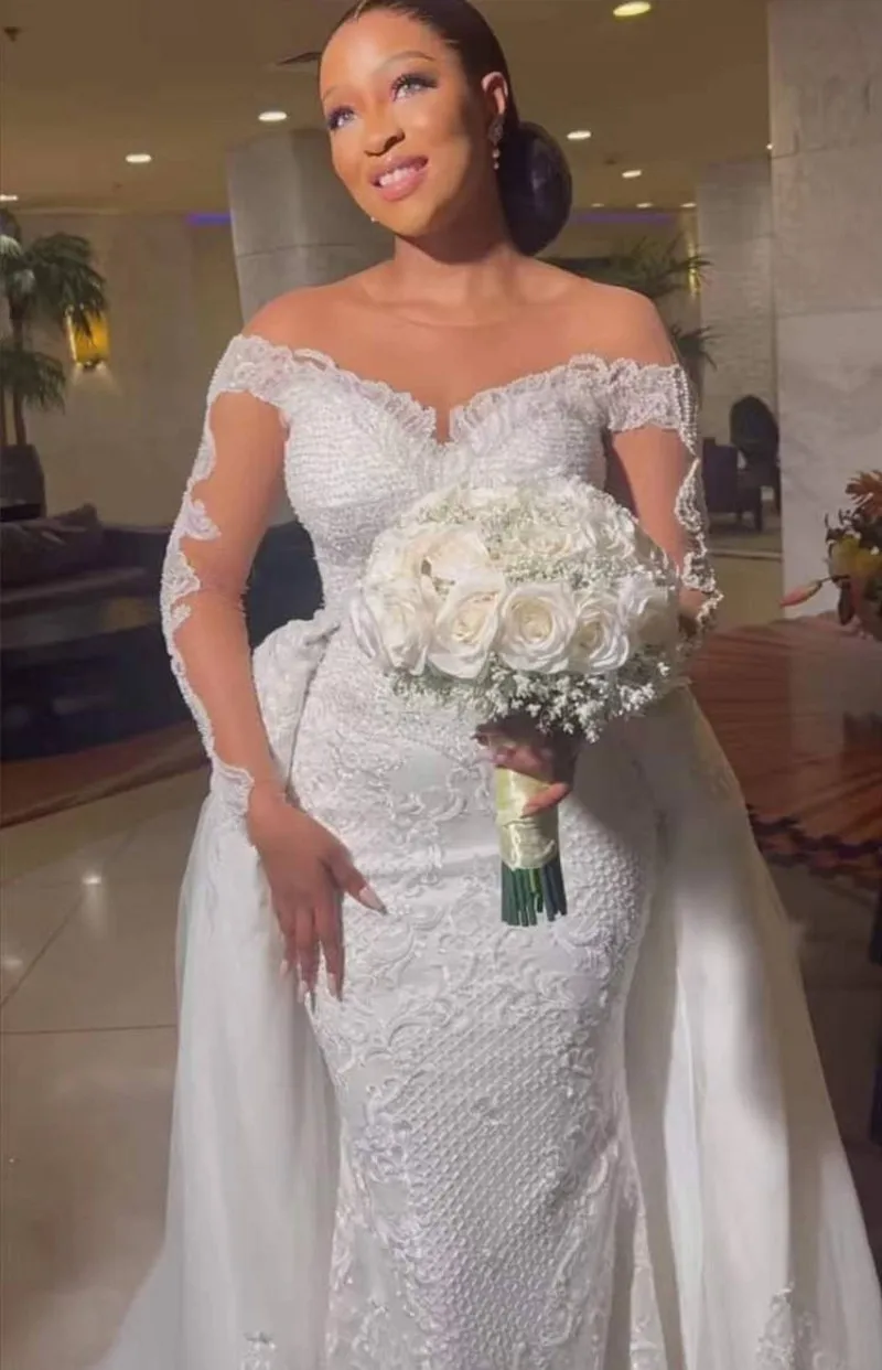 Robe De mariée sirène De luxe, avec traîne détachable, col d'illusion, manches longues, en dentelle, arabe