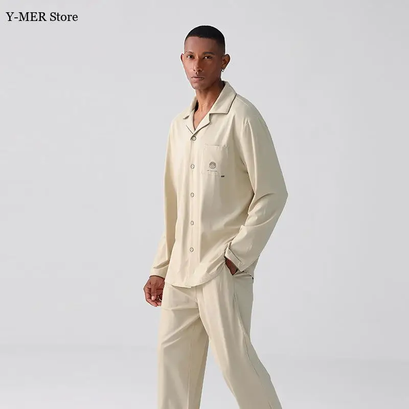 Modal Cotton Home Clothes Male Solid Collar Pajamas Suit 2Pcs Long Sleeve Sleepwear Autumn Summer New Loungewear Plus Size 4Xl