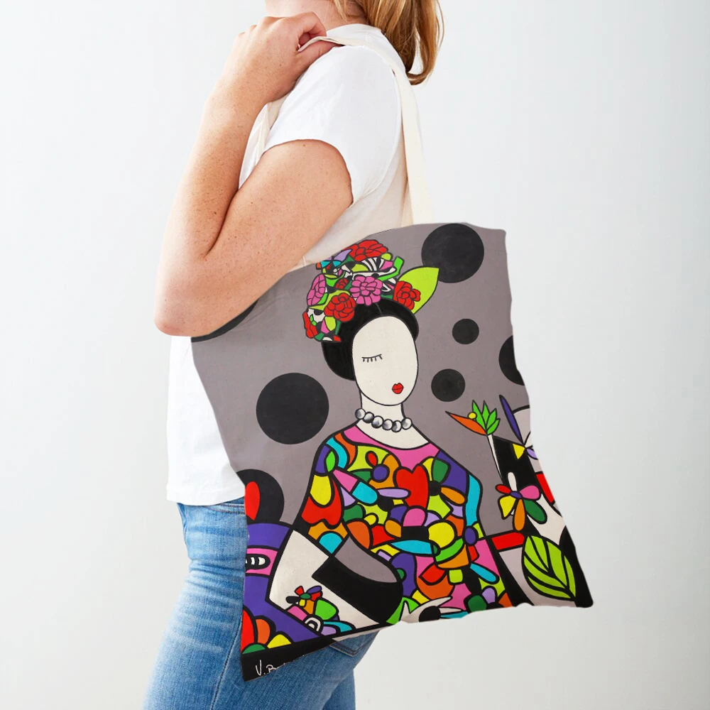 

Geometric Cartoon Girl Art Casual Shopping Bag for Women Both Sided Shopper Bags Reusable Canvas Lady Tote Handbag