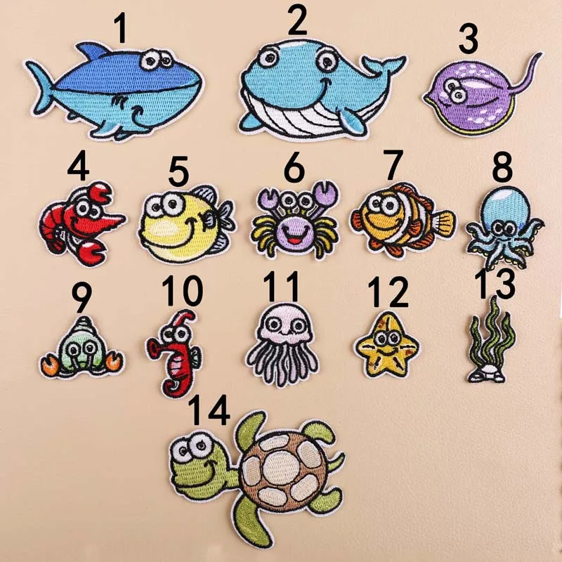14 Teile/los Meerestiere Patches Für Kleidung Kinder Eisen Auf Gestickte Groß Anime Stoffe Nähen Jacken Nette Pack Diy Parche – Detail 5