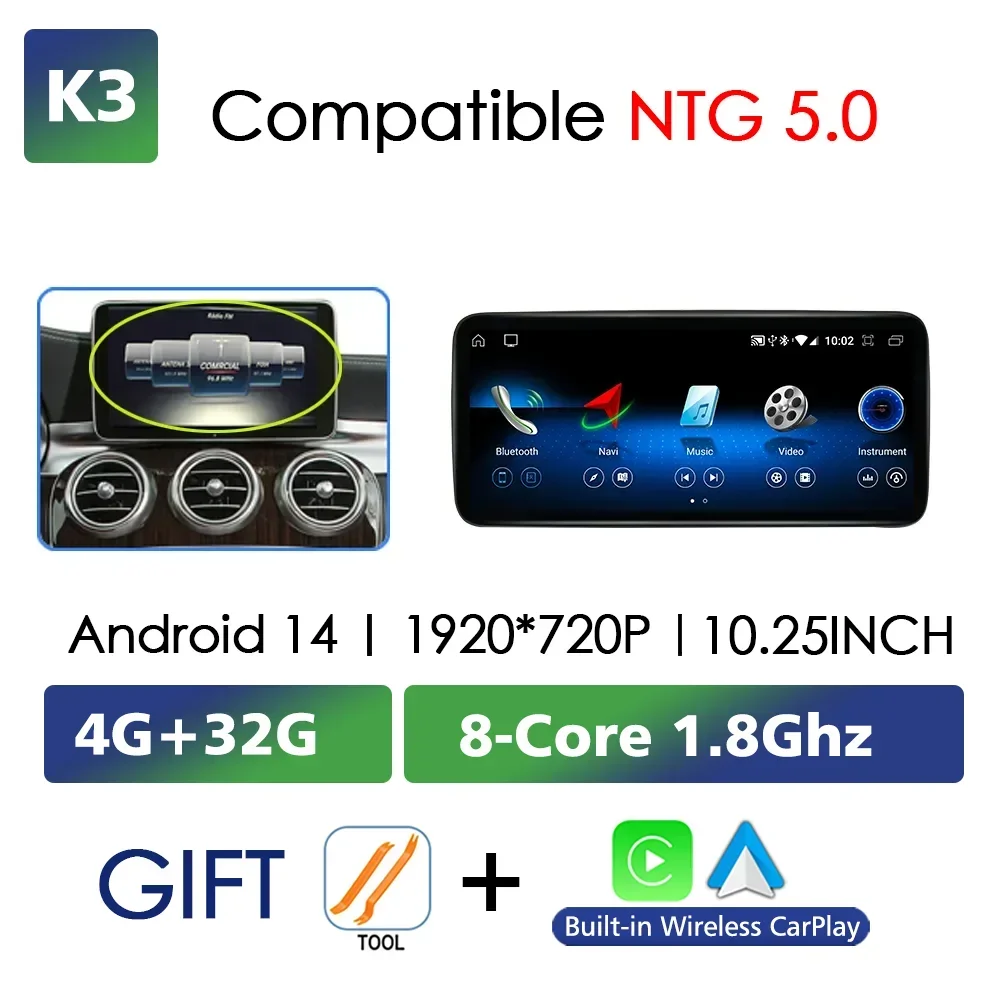 Android 14 Draadloze CarPlay Voor Mercedes Benz C Klasse W205 Scherm Android Auto Multimedia Navigatie GPS SWC DSP 4G WiFi