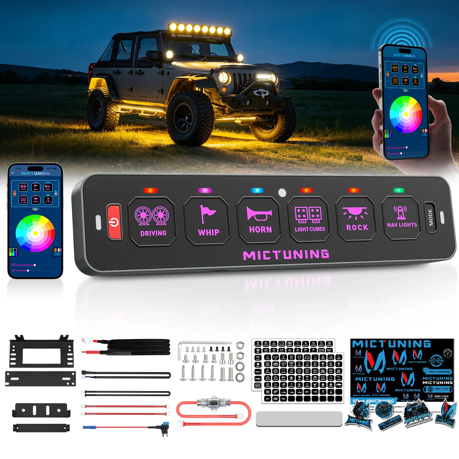 MICTUNING MS-A 6 Gang Switch Panel App Control  RGB Auto-dimming Backlit, Toggle Momentary Flash Strobe Circuit Control Relay