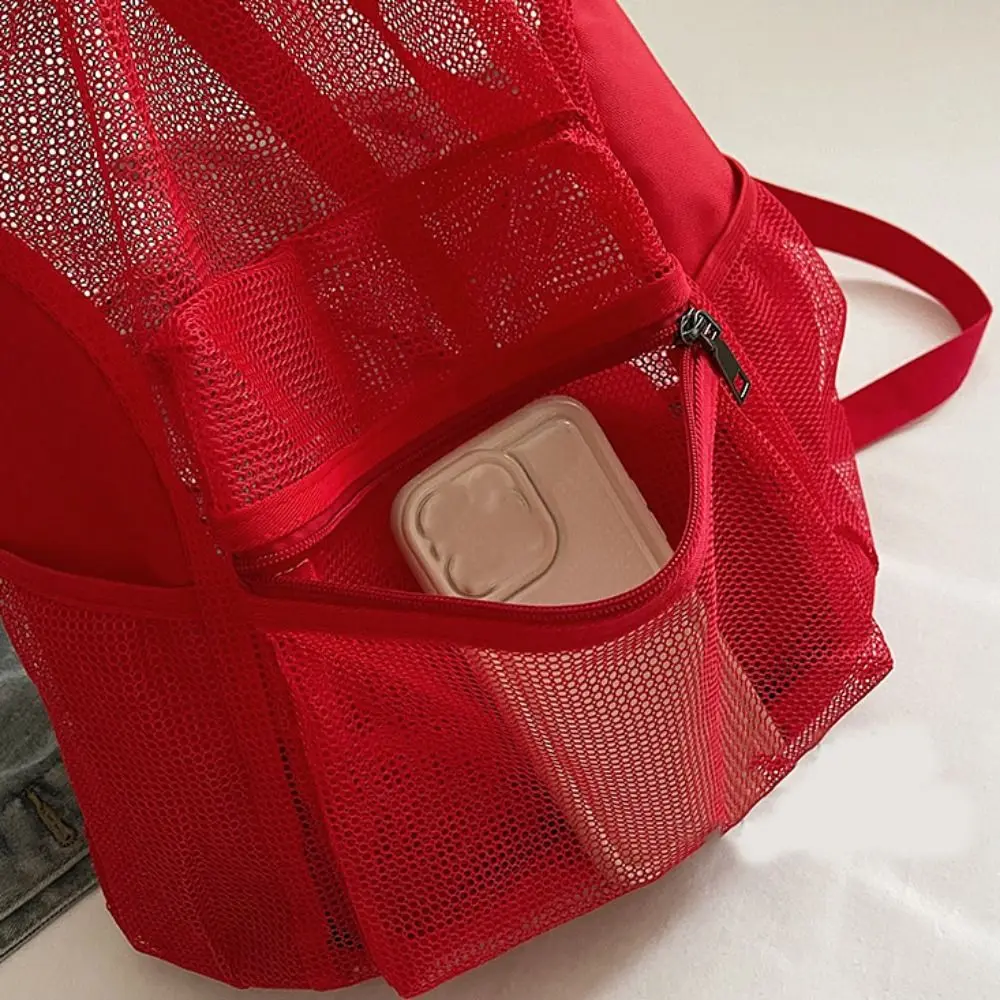 Cute Korean Style Drawstring Backpack Portable Hollow Nylon Backpack Large Capacity Solid Color Mesh Beach Bag Travel