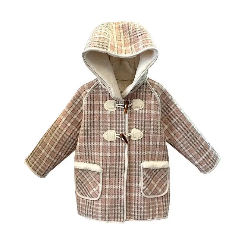 1-6Years Children Girls Plaid Woolen Coat Autumn Winter Fleece Linning Warm Hooded Coats Korean Style Baby Girls Outerwear