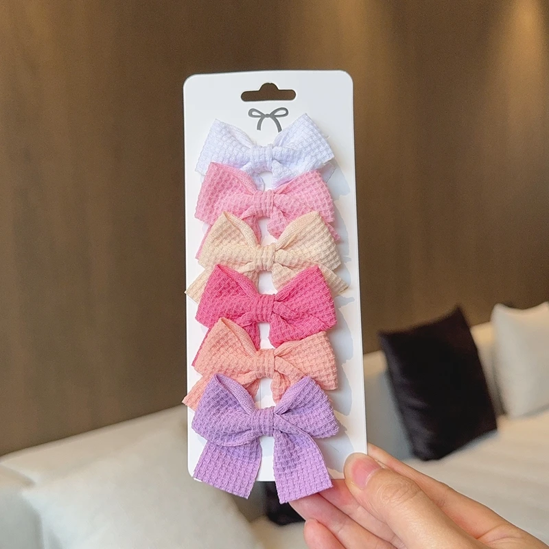 6PCS Soft Cotton Bow Hairpin Girl Sweet Plaid Design Hairpin Color Block Delicate Hairgripe Barrettes Kawaii Child Accessories