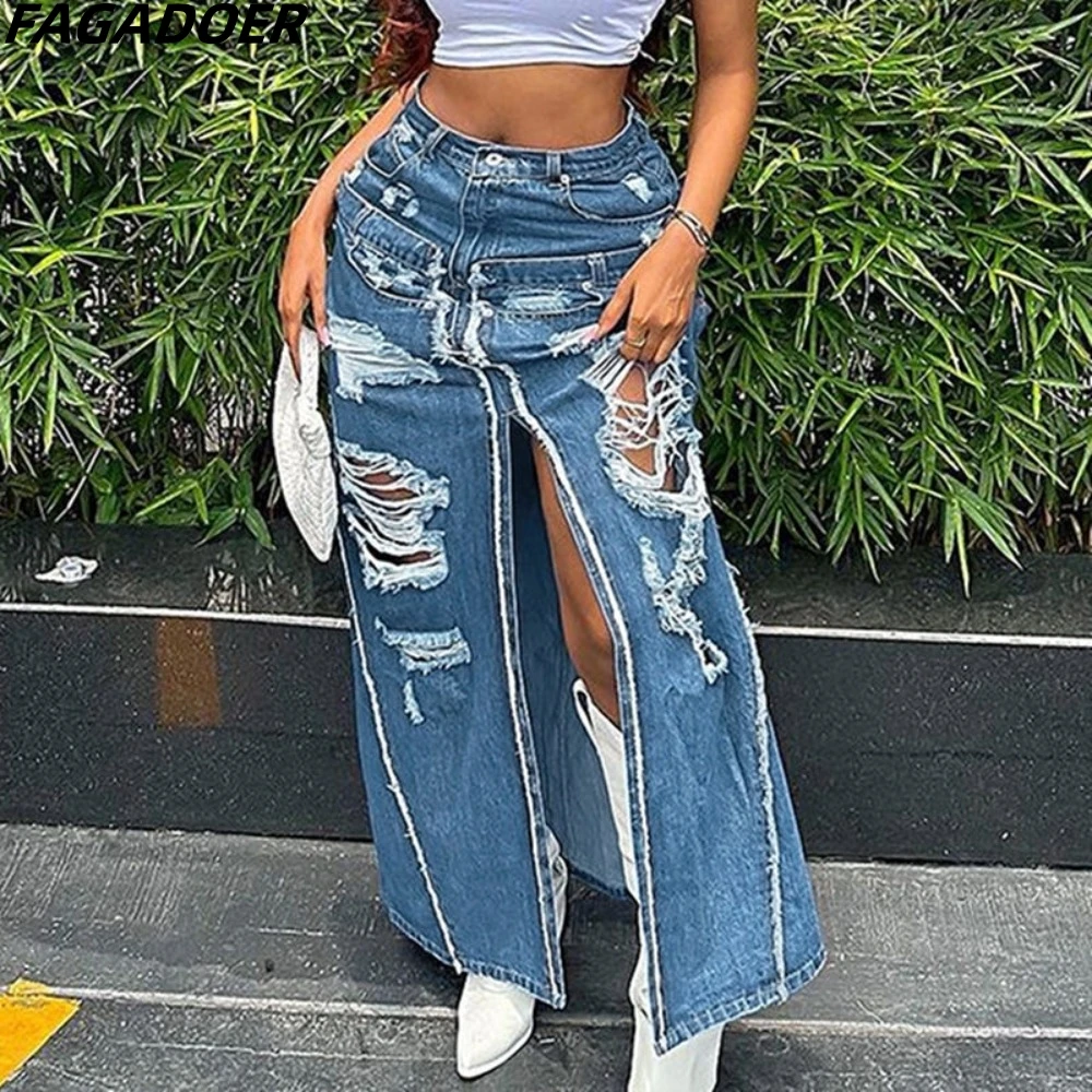 

FAGADOER Fashion Streetwear Women Hole High Waist Split Denim Skirt Women Retro 90s Blue Patchwork Bottoms Casual Cowboy Clothes