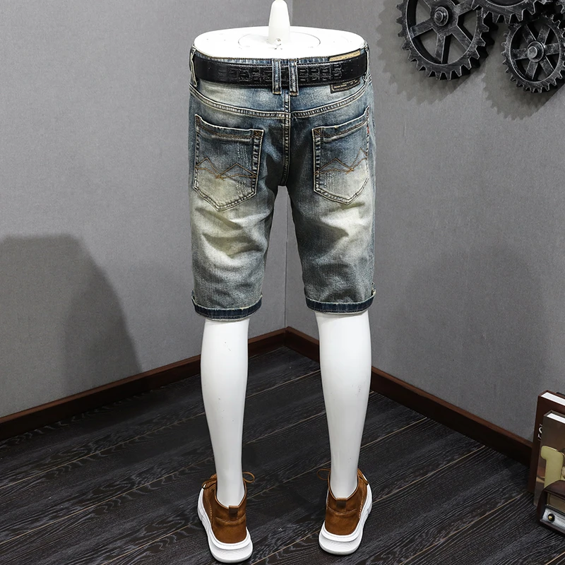 Ripped Motorcycle Denim Shorts Men's Summer Thin Trendy Retro Funny All-Matching Slim Fit Stretch Casual Fifth Pants