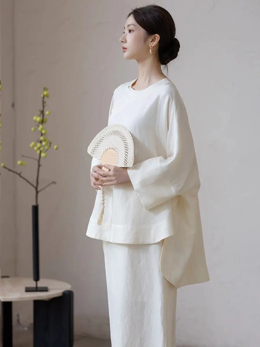

Women's Chinese Style Linen Set 2025 Zen Tea Outfit Cross Collar Frog Buttons Loose Boho Ethnic Daily Wear Breathable Suit