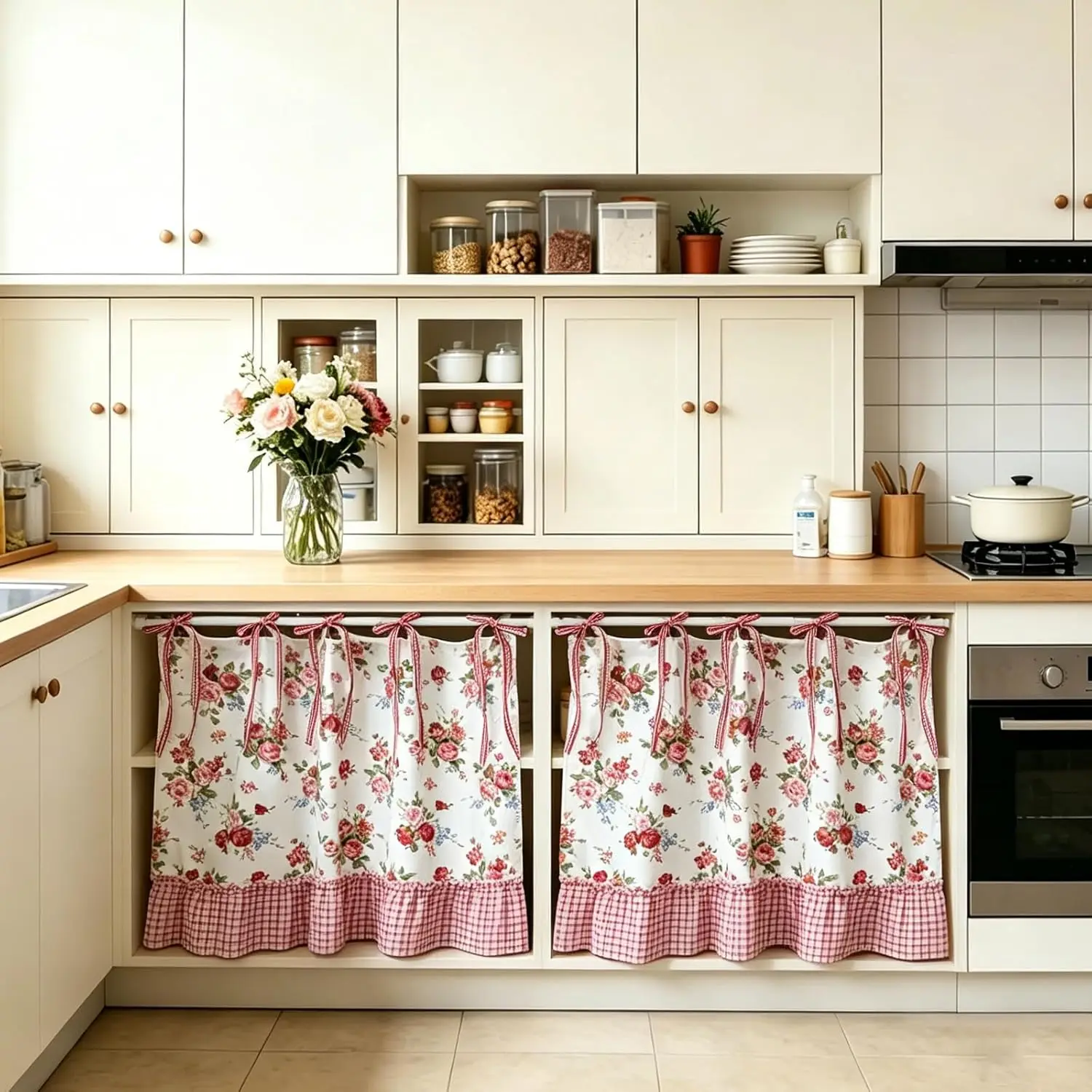 Oven Curtains for Stove, Ruffled Design with Tie Top Kitchen Cafe Curtains with Valance, Vintage Farmhouse Home Decor