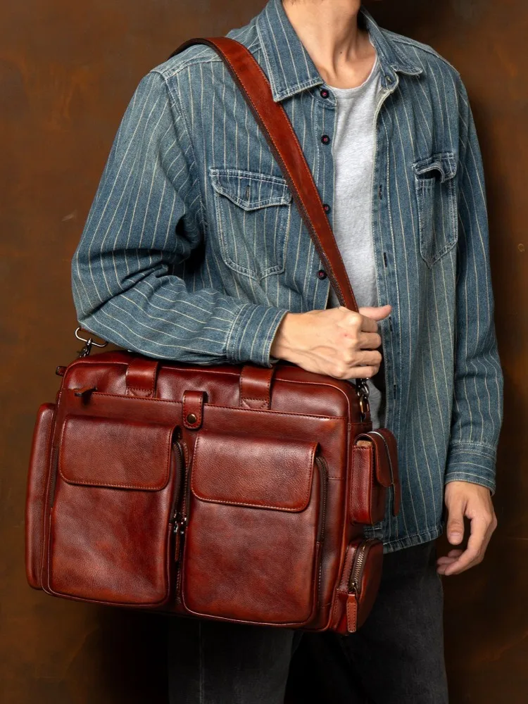 Casual Mens High Street Zipper Multi Pocket Genuine Leather Single Shoulder Bag Crossbody Bag Light Brown Real Cowskin Handbag