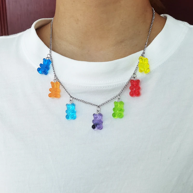 7 Colors Rainbow Bear Necklace Cute Jelly Bear Gummy Bracelet for Women Girls Punk Girl Hip Hop Resin Necklaces Women's Jewelry