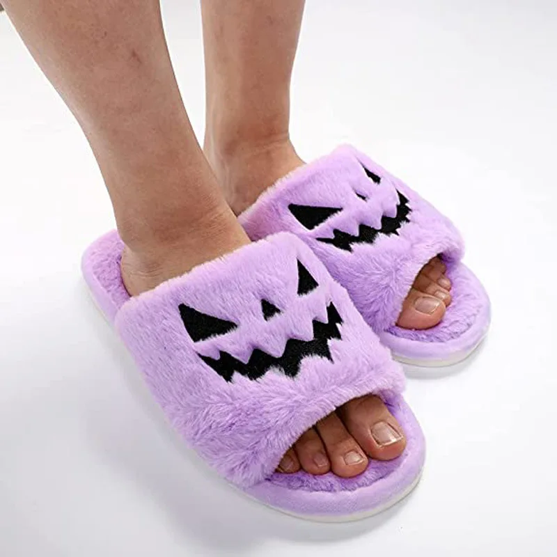 Oversized Slippers Women's Halloween Pumpkin Lantern Slippers Soft Plush Comfortable Open Toe Outside Plush Drag