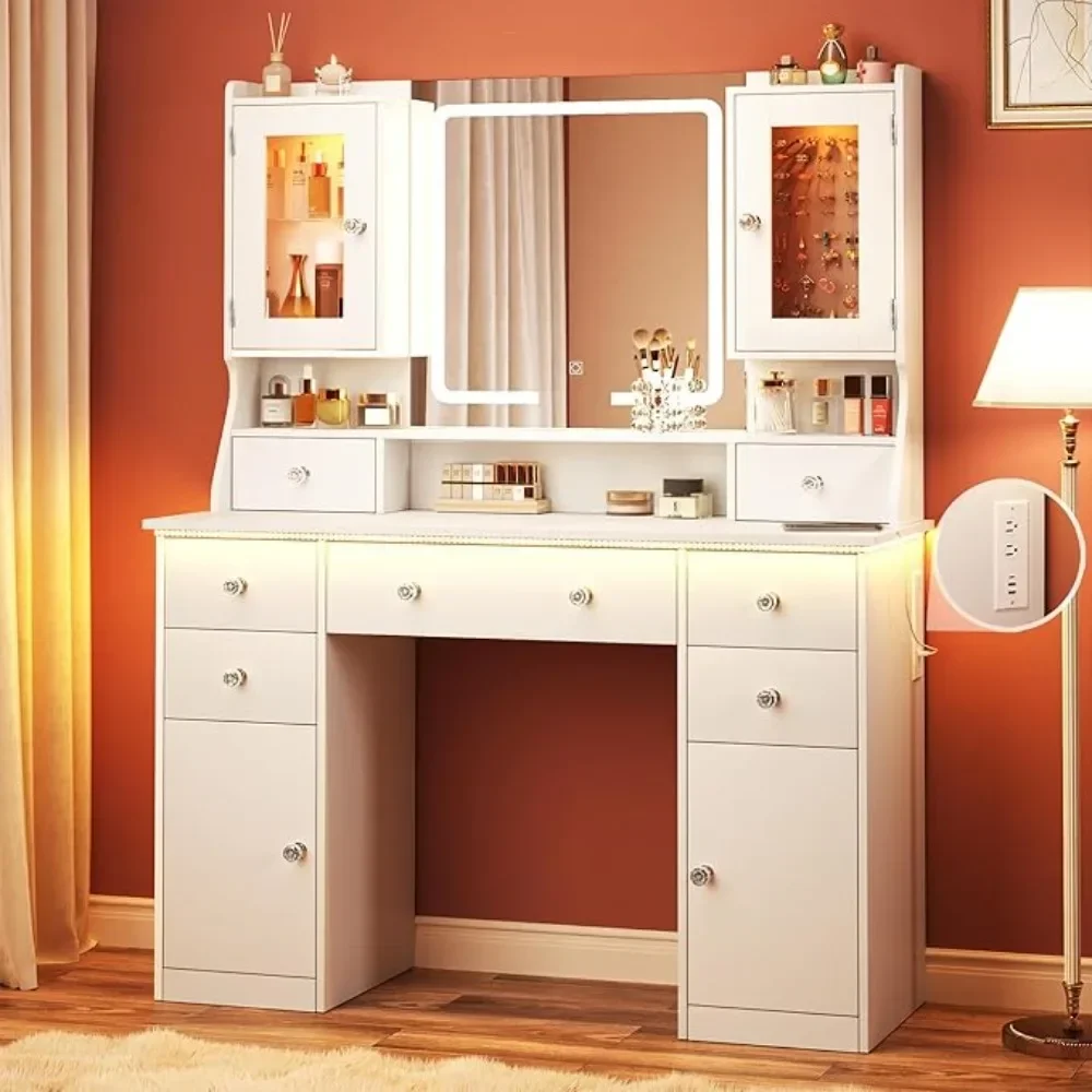 Vanity Desk with Led Mirror and RGB Lights 42" Makeup Vanity Desk with Power Outlet 3 Colors Lighting Adjustable Brightness