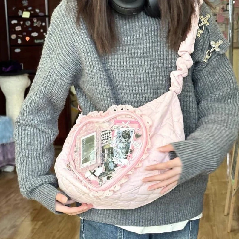 Pink Cute Womens Shoulder Bag Pleated Love Heart Lolita Jk Ita Bag Drawstring Ballet Style Sweet Fashion Female Handbag