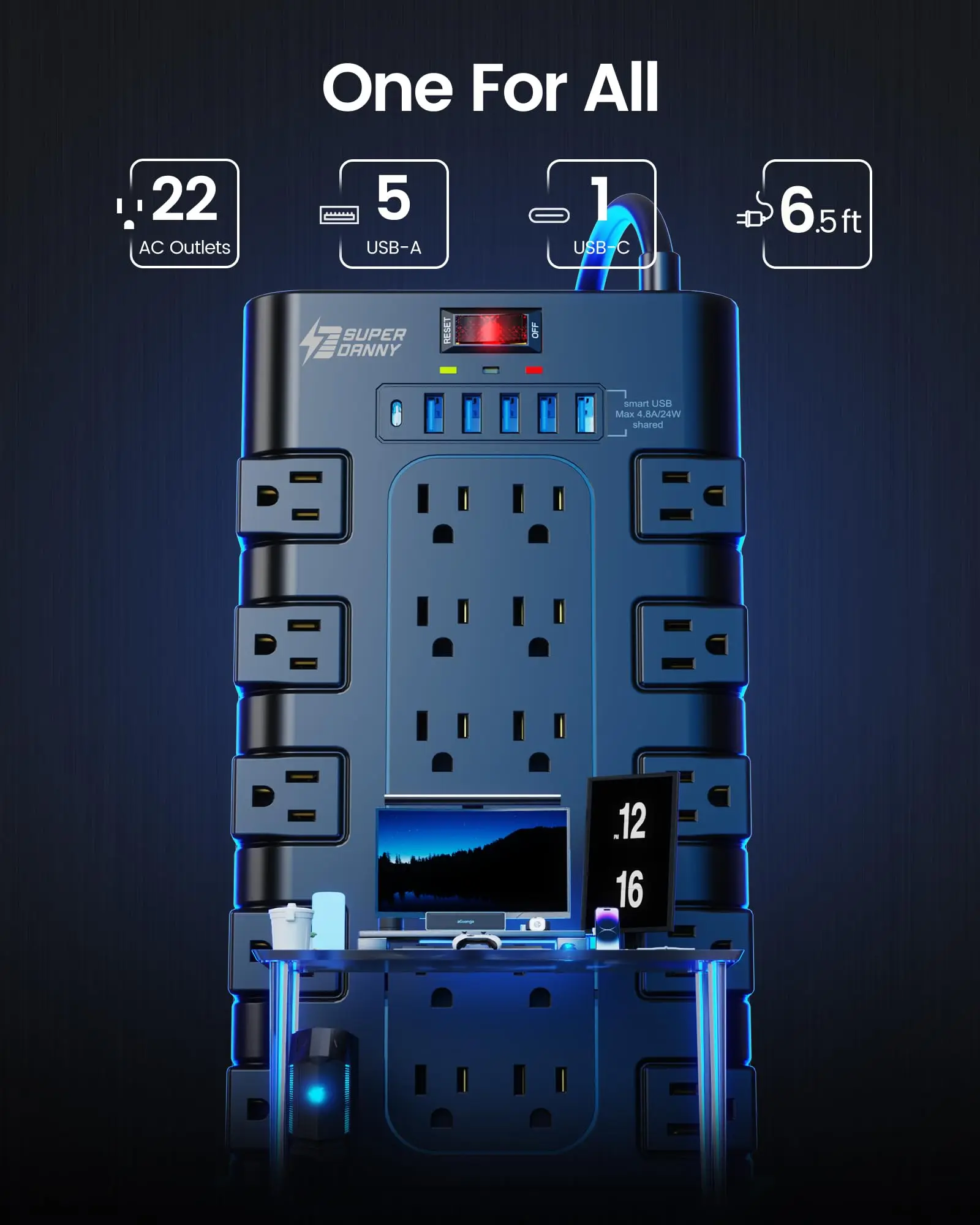 Regleta con Protector contra sobretensiones SUPERDANNY, con 22 tomas de CA y 6 puertos de carga USB, 1875W/15A, 2100 Julios, enchufe plano de 6,5 pies