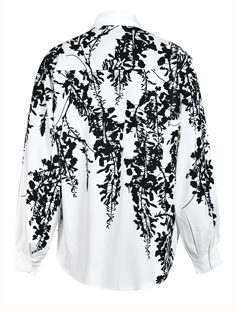 [EAM] Women White Printed Big Size Elegant Blouse New Lapel Long Sleeve Loose Fit Shirt Fashion Tide Spring Autumn 2024 1DH1553