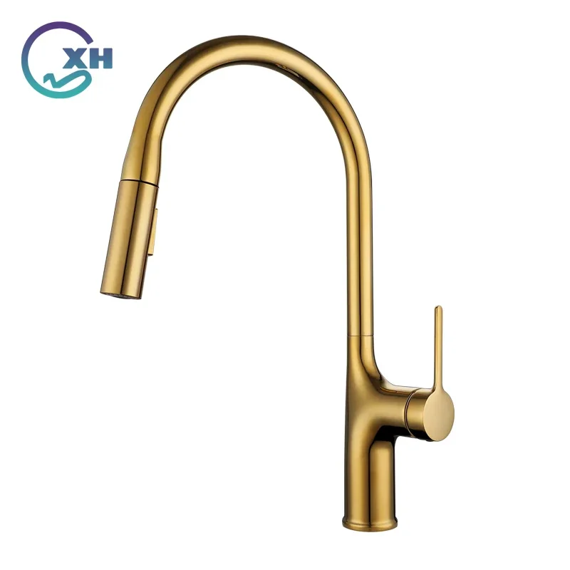 Gold Kitchen Faucets  Pull Out Rotation Waterfall Stream Sprayer Head Sink Mixer Brushed Nickle Water Tap