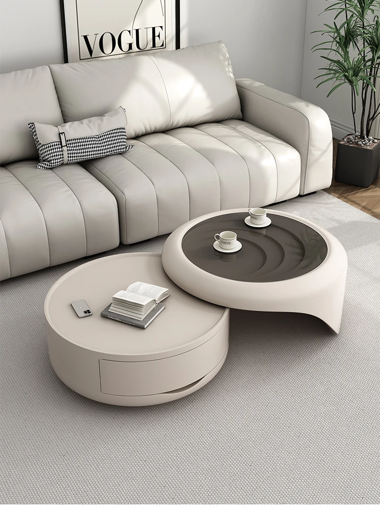 Cream style coffee table combination living room, household size circular small unit, tempered glass, high-end feeling