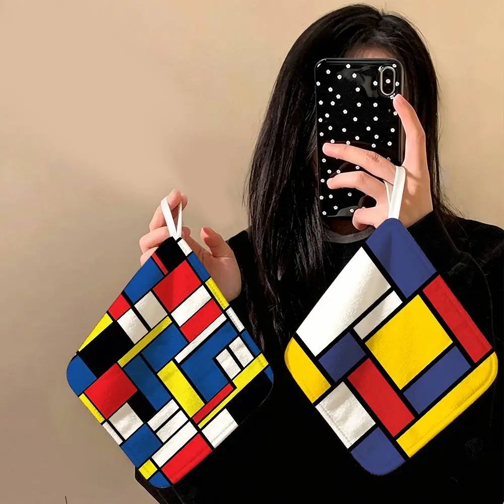 Mondrian Style Geometric Pattern Polyester Cotton Hanging Kitchen Towel, Soft Hand Wiping Towel, Reusable Kitchen Bathroom Home