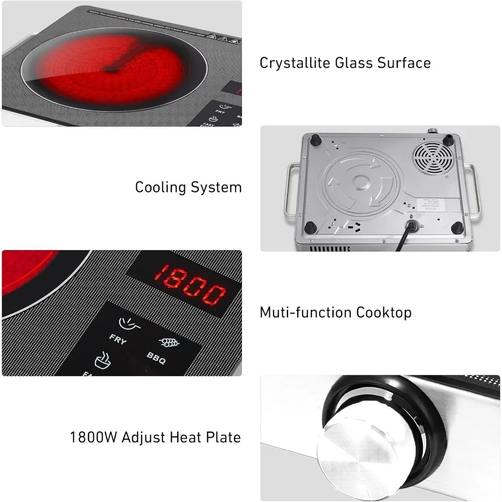 Induction Cooktop, 1800 W, Electric Hot Plate with Touch Control Panel Adjustable Heating, Glass Infrared Cooktop for Cooking