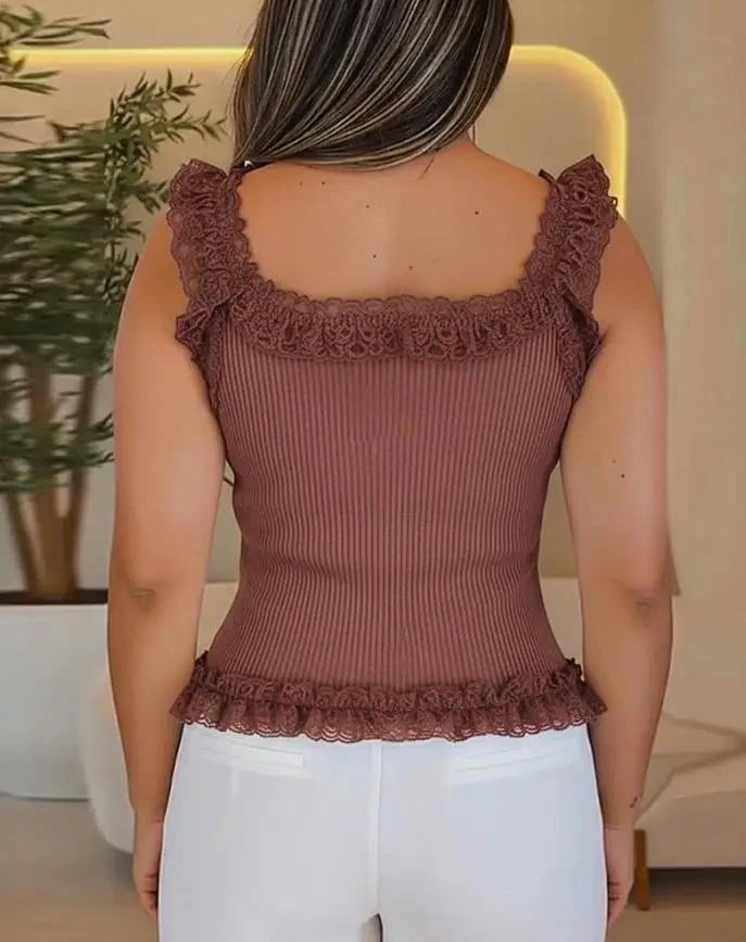 

Women's Sexy Tank Tops Contrast Lace Sleeveless Square Neck Crop Tank Female Casual Frill Hem Metal Button Decor Ribbed Knit Top