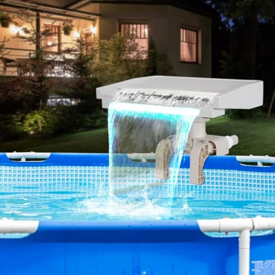 

Above Ground Pool Fountain Waterfall Attachment: PVC, Blue, 7 LED Lights for Relaxing Cascade Effect