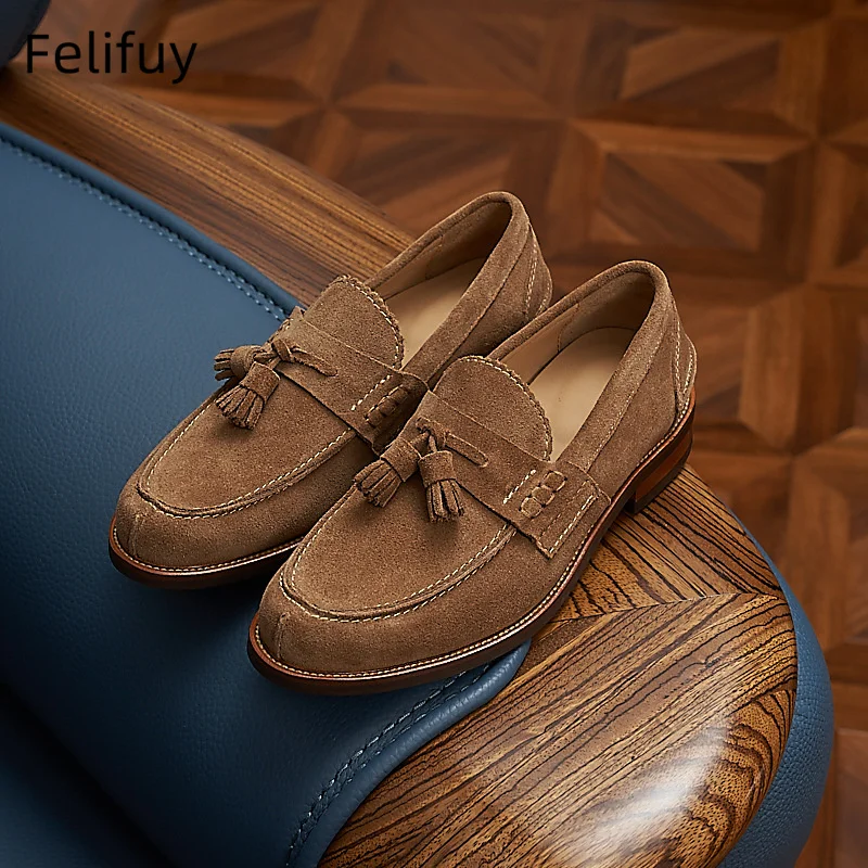 

Real Photos Brown Men Flat Loafers Cow Suede Tassel Casual Formal Shoes Comfortable and Breathable party wedding dress shoes