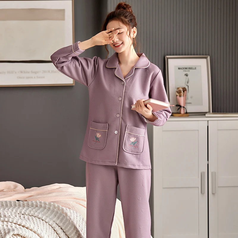 Pajamas Women's Autumn Winter Thick Pure Cotton Long-Sleeved Home Wear Three Layers Sandwich Air Cotton Quilted Pyjamas Female