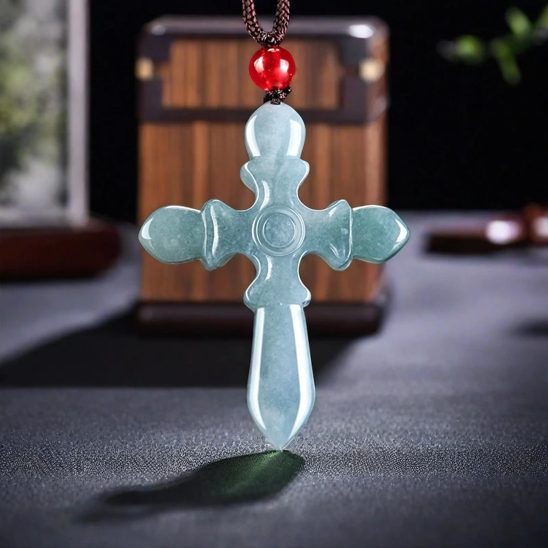 

Blue Myanmar Jade Cross Pendant Necklace Amulet Designer Real Jewelry Choker Talismans Natural Burmese Jadeite Man Gemstone