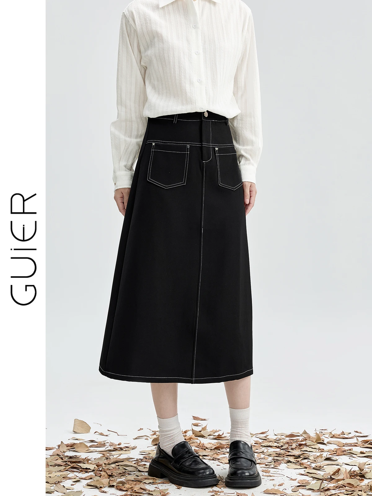 

Guier High Waist Midi Skirt Women's New 2026 Autumn Bla Slimming A-Line Skirt with Slit Casual Denim Sle f-length Skirt