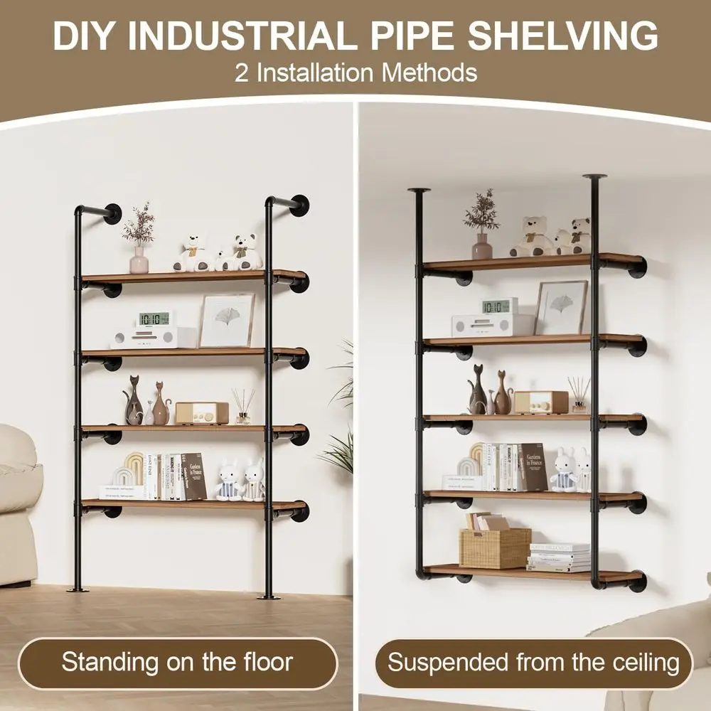 5-Tier Wall-Mounted Iron Pipe Open Bookshelf - DIY Storage Shelves