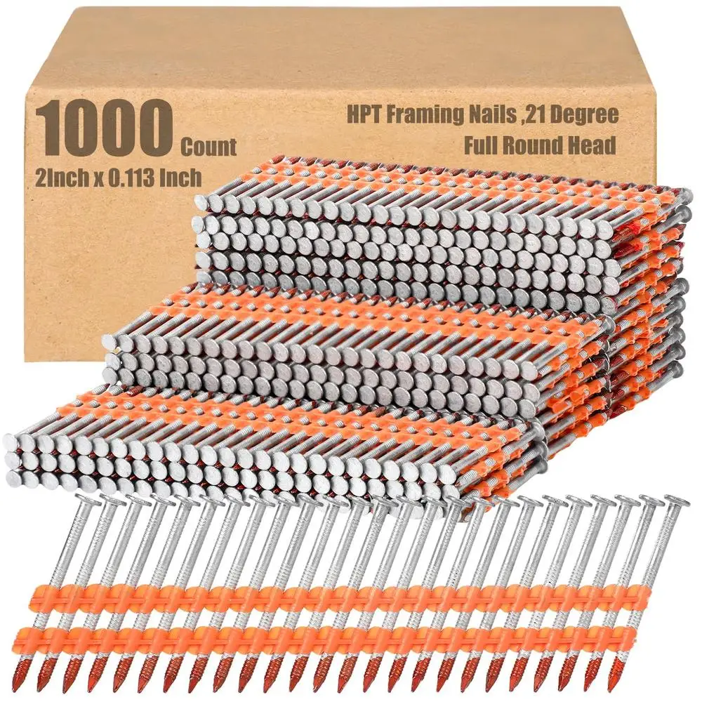 亜鉛メッキプラスチックフレームネイルリングシャンク,21度,ストリップヘッド,完全なラウンド,一貫したパフォーマンスのための供給,1000カウント