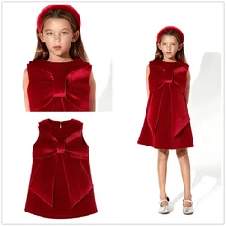 Fashion Girls Christmas Red Party Dress Big Bow Vest Dress Corduroy Girls New Year Greeting Dress 1-6T