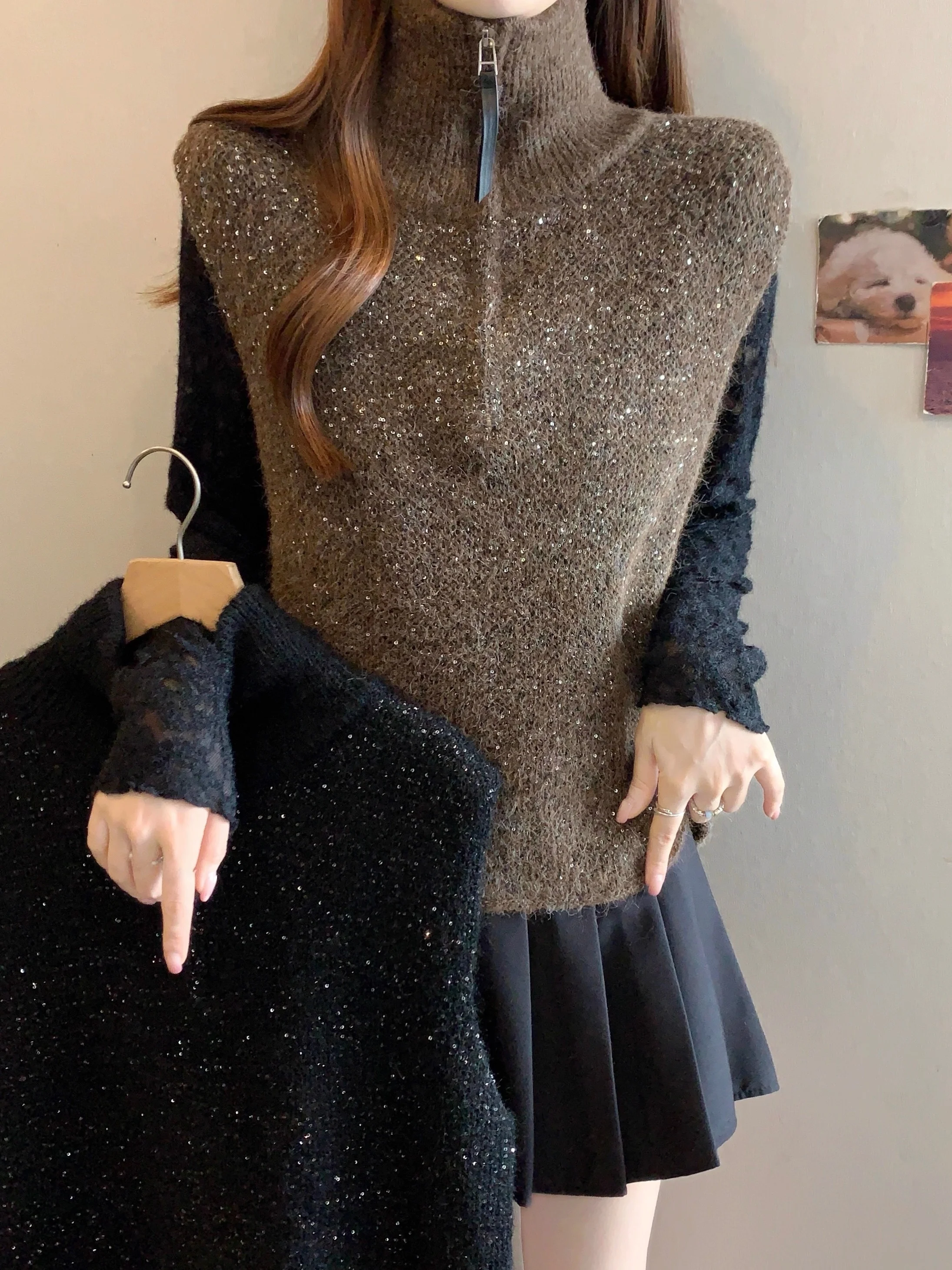 

iny Knitted Brown Vest Women's Large Size Autumn Winter Svel Top High-End Feeling Layering Faion Trend Outerwear